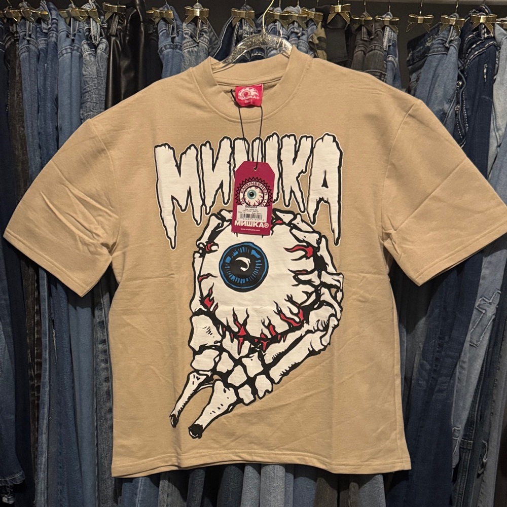 Mishka Tan Graphic Eyeball & Skeletal Hand Short-Sleeve Tee